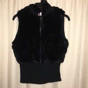 Eastside Westside Black Rabbit Fur Vest Hoodie • S
